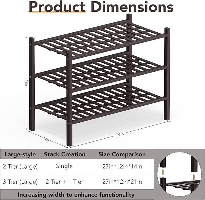 Haddockway Large 3 Tier Bamboo Shoe Rack Storage Organizer, Multifunctional Free Standing Stackable Shoe Shelf with Grid Panel for Closet,Hallway,Entryway,Small Space 27"x12"x21"(Brown, 3-Tier(Large))