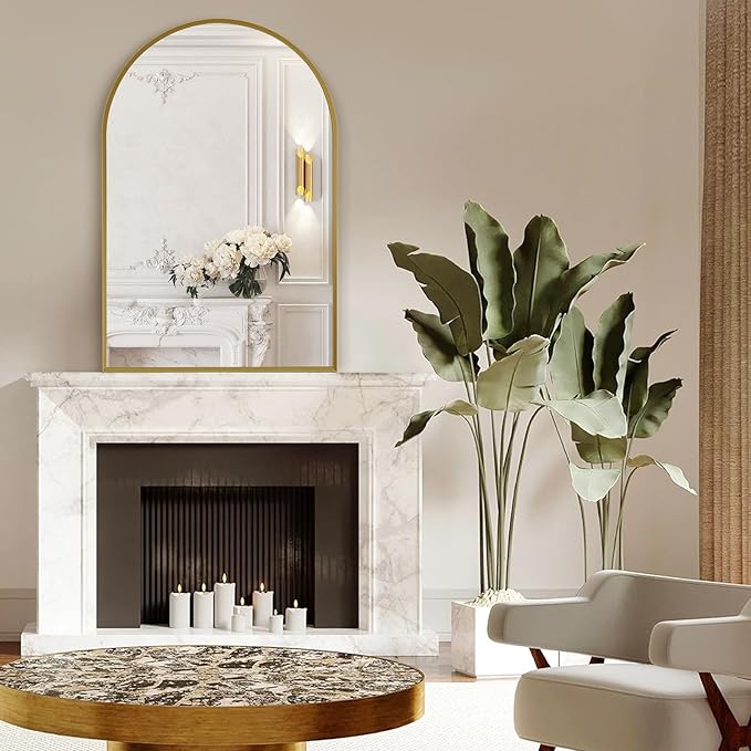 28" x 36" Gold Arched mirror, Large Arch Bathroom Vanity Wall Mirror, Modern Aluminum Alloy Metal Frame Arch Mirror for Bathroom, Living Room, Bedroom, Entryway, Tempered Glass, Shatter Proof