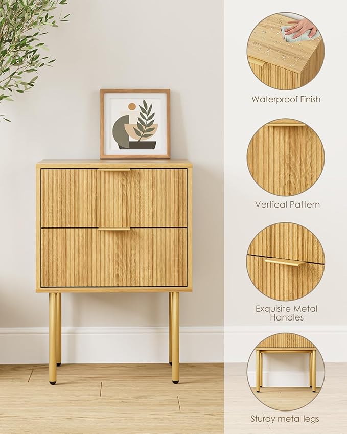 Nightstand,Morden Bedside Table with Gold Frame,Small White Night Stand,End Table,Bedside Furniture,Side Table with Drawer and Shelf for Bedroom,Living Room (2Drawers, Oak)