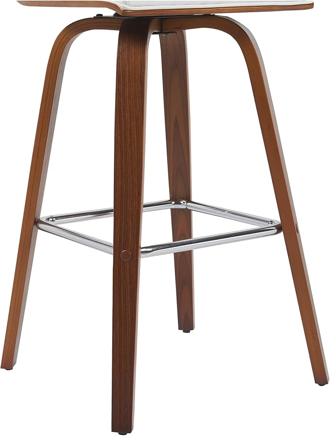 Armen Living Vienna Modern Swivel 30" Bar Height Barstool with White Faux Leather and Walnut Wood Finish