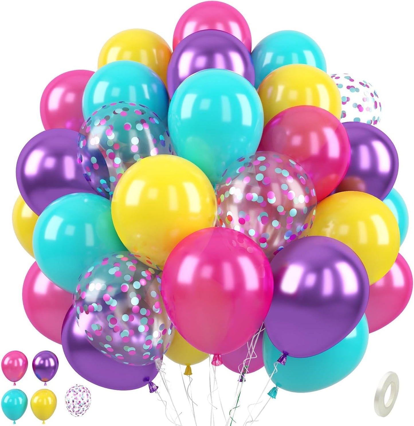 Paready Pink Blue Purple Balloons, 50 PCS Rainbow Party Balloons, 12 Inch Hot Pink Teal Blue Metallic Purple Yellow Confetti Balloon for Girls Magic Theme Baby Shower Birthday Wedding Party Decoration