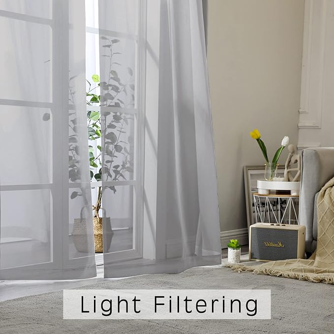 OWENIE Grey Sheer Curtains 72 Inches Long 2 Panels, Transparent Voile Sheer - Image 2