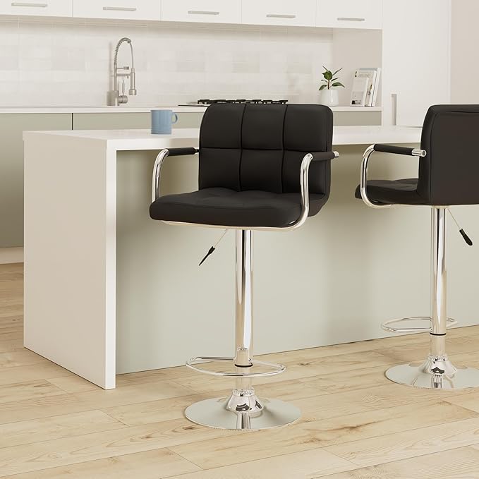 AC Pacific Contemporary Hydraulic Adjustable Swivel Kitchen Bar Stool Chair with Cushion and Armrest, 24"-33", Black ACBS15-BLACK Midnight Square