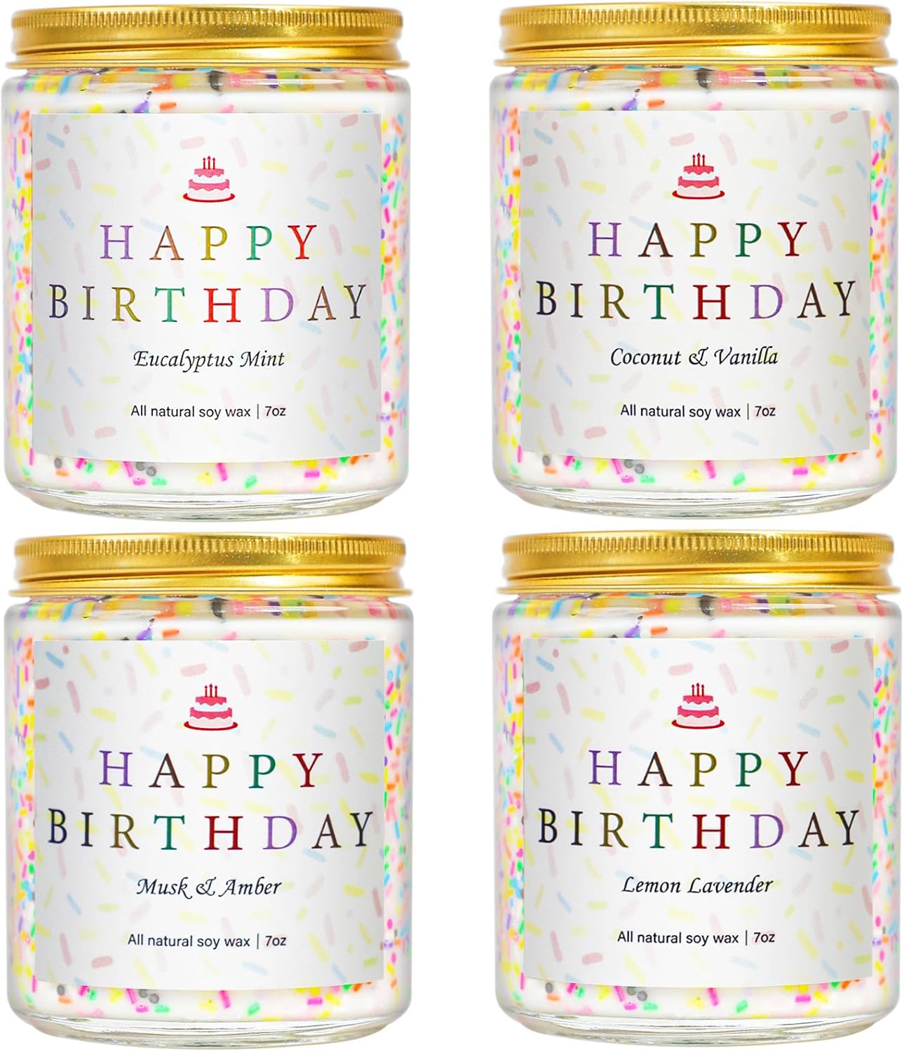 Happy Birthday Candles Set, 4 Pack Birthday Candle Gifts for Women, Unique Best Friend Birthday Gifts Ideas for Her and Him, Natural Soy Candle Scent of Vanilla Coconut/Lavender/Eucalyptus Mint - 7oz