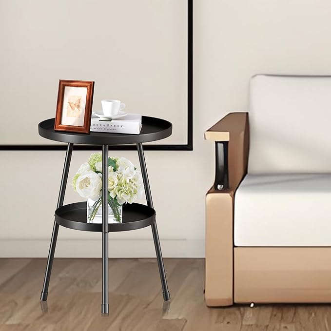 Small Side Table Round 2 Tier End Table Metal Round Coffee Tables Nightstand for Small Spaces Indoor Outdoor and Living Room Bedroom or Office