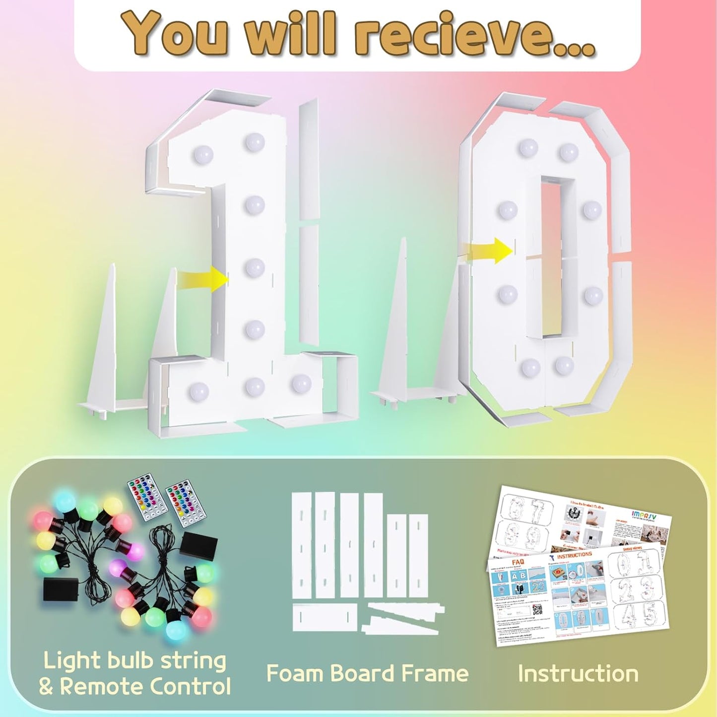 Marquee Numbers Colorful 10th-Birthday Decoration: 4FT Large Light Up 10 Year Old Birthday Decorations Anniversary Backdrop for Boys Girls Cardboard White Sign 18 Colors Number 10 Mosaic Balloon Frame