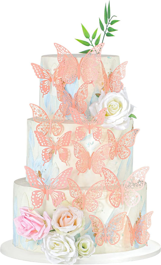 Gyufise 36 Pack Pink Glitter 3D Cupcake Toppers - Hollow Butterfly Cake Decorations for Birthday Wedding Fairy Party - Wall Sticker Decal for Background Wall Decoration