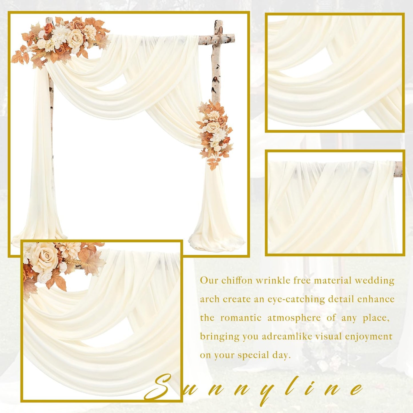 Wedding Arch Draping Fabric 4 Panels 20Ft length x 28" width Ivory Arch Drapes Chiffon Fabric Sheer Curtains Backdrop for Party Bridal Ceremony Ceiling Decor Wedding Stage Reception Decorations