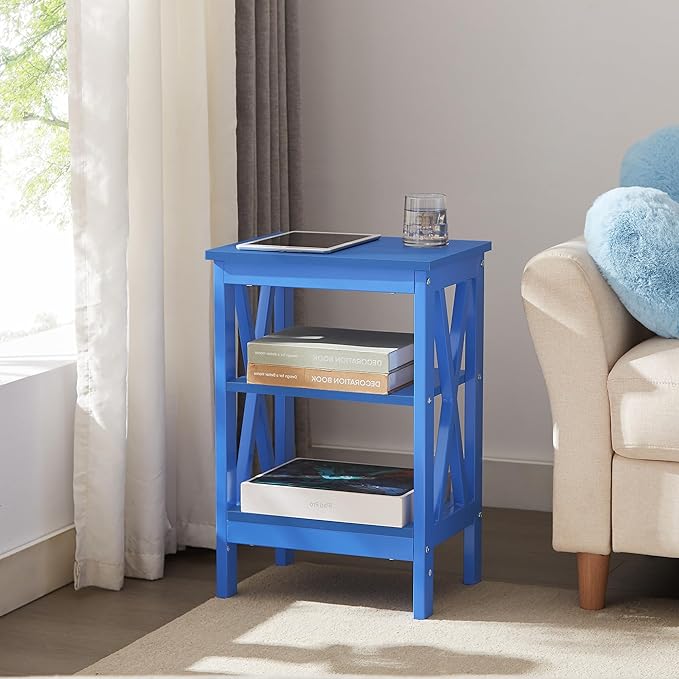 VECELO End Table Set of 2, Bedside Table, 24" Tall Living Room End Tables, X-Design Reinforced Nightstands, Side Table with 3-Tier Storage Shelves for Small Spaces, Office, Bedroom, Dark Blue