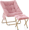 Comfy Saucer Chair for Adults, Foldable Living Room Chairs, Soft Faux Fur Lounge Chair for Bedroom, Reading Chairs, X-Large (Ottoman-Pink)