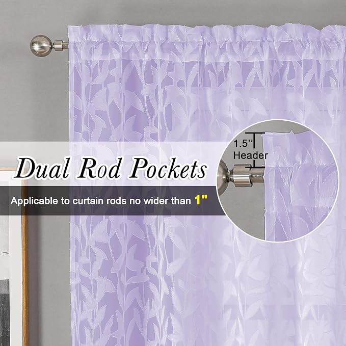 Lecloud Leia Light Purple Sheer Kitchen Curtains 24 Inch Length 2 Panels - Image 2