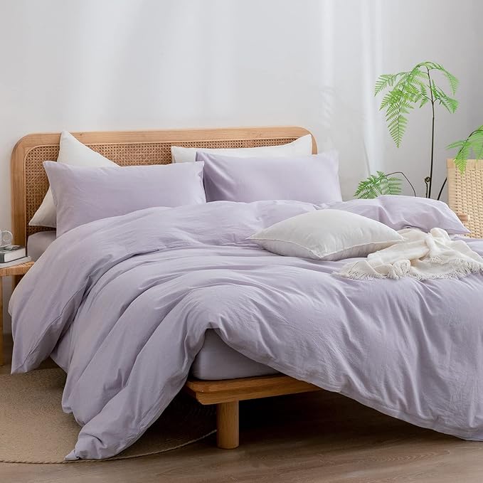 BESTOUCH Duvet Cover Set 100% Washed Cotton Linen Feel Super Soft Comfortable Chic Lightweight 3 PCs Home Bedding Set Solid Taro Purple Cal King