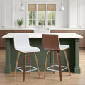Vienna Modern Counter Height Swivel Bar Stool with Snow White Faux Leather Seat and Walnut Finished Wood Frame Set of 2