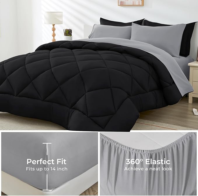 HEVUMYI Oversized Queen Comforter Set - 7-Piece All Season Bed in a Bag Oversized Queen, Ultra Soft Bedding Set with Comforter, Flat Sheet, Fitted Sheet, Pillowcases, Pillow Shams, Black & Light Grey