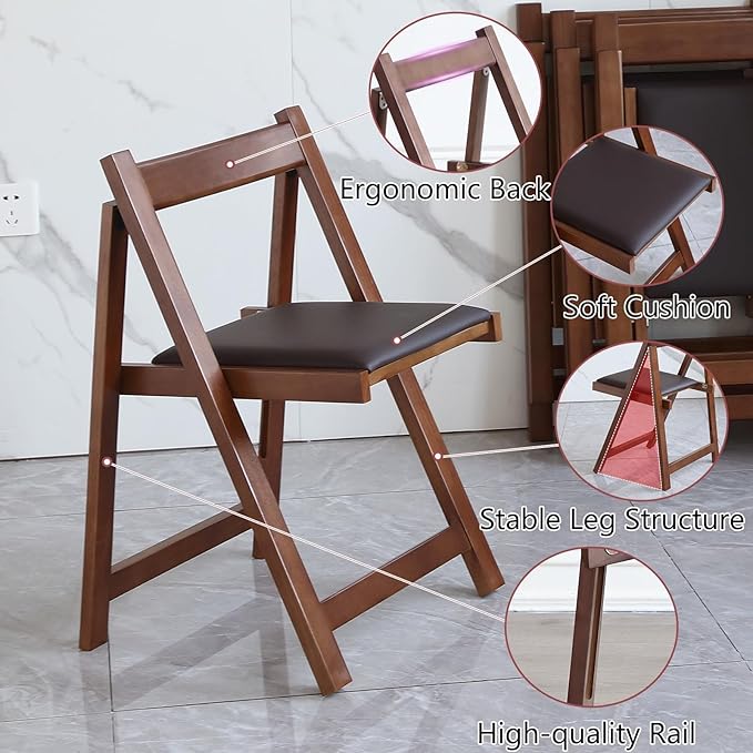 Walnut Round Folding Dining Table with 6 Chairs, Walnut Solid Wood Folding Chair Set of 2, Space Saving Foldable Dining Table with 6 Chairs