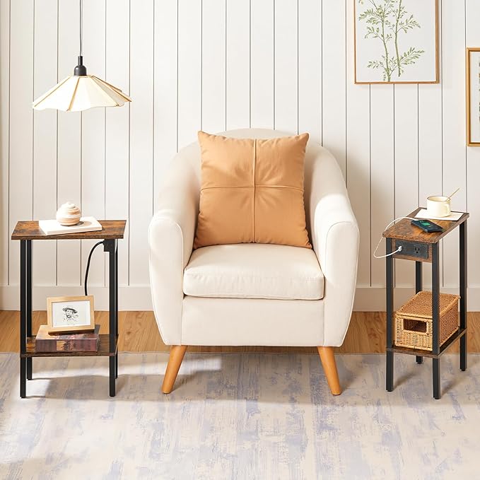 HOOBRO Small End Table with Charging Station, Narrow Side Table with USB Port and Outlets, Skinny Sofa Table, Slim Nightstand, Living Room, Bedroom, Rustic Brown and Black BF240UBZ01