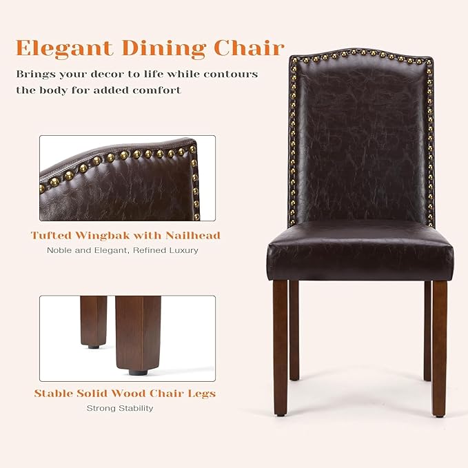 Kitchen Chairs Set of 4 Modern Upholstered Fabric Seat with Nailhead Trim and Ergonomic Lumbar Support for Living Room and Rustic Farmhouse Dining Area, Dark Brown