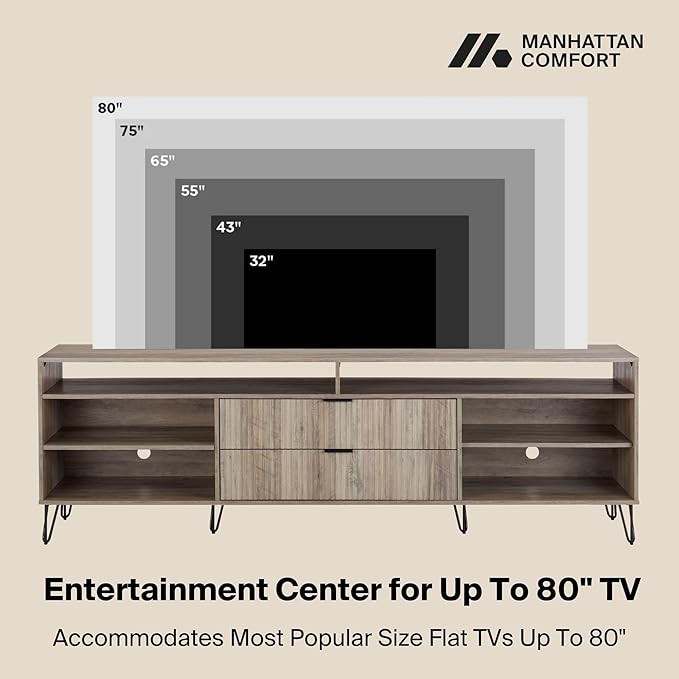 Manhattan Comfort Dumbo Mid Century Modern TV Stand for Televisions up to 80 Inches, Home Entertainment Center with Storage, 6 Shelves, 2 Drawers, No Tool Assembly, 85" Wide, Golden Brown