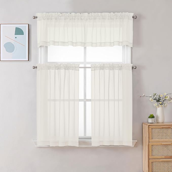 Gwine Ivory Sheer Curtains 30 Inch Length, Short Light Filtering Voile Small - Image 2