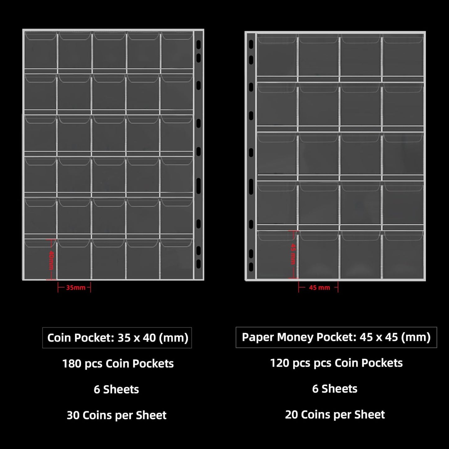 Coin Collection Book Holder for Collectors, 300 Pockets Fireproof Coins Collecting Album & 36 Sleeves Money Storage Case for Coin Currency Collection Supplies, Bill, Pennies, Quarters, Stamp,Green