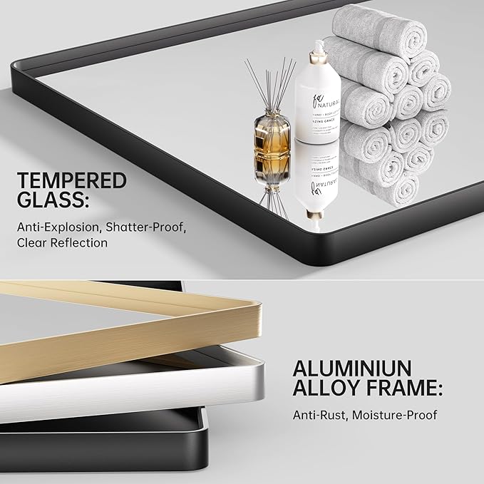 Hasipu Black Bathroom Mirror for Wall, 48 x 36 Inch Metal Framed Bathroom Mirrors for Over Sink, Rectangle Bathroom Vanity Mirror, Anti-Rust, Tempered Glass, Horizontal or Vertical