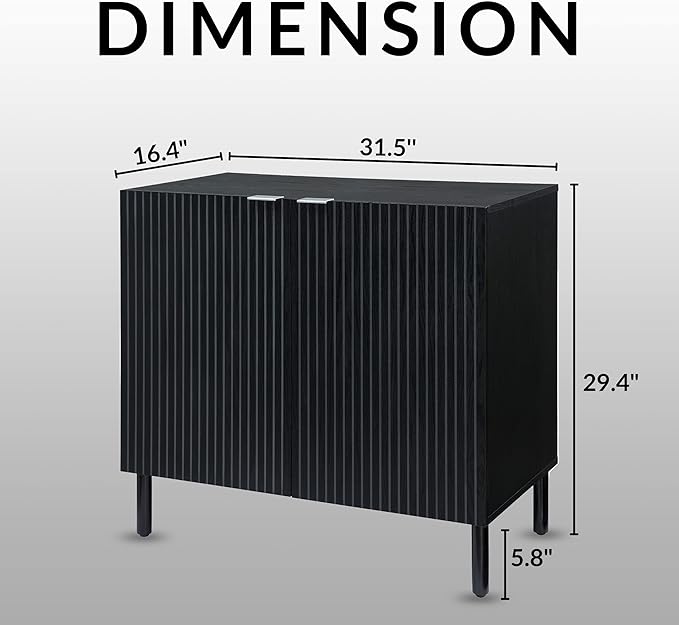 Sango Merk 2-Door Cabinet, Modern Black Storage Cabinet with Vertical Groove Doors, Adjustable Shelf, Cylindrical Wood Legs, Discreet Metal Finger Pulls, Stylish Furniture for Living or Dining Room