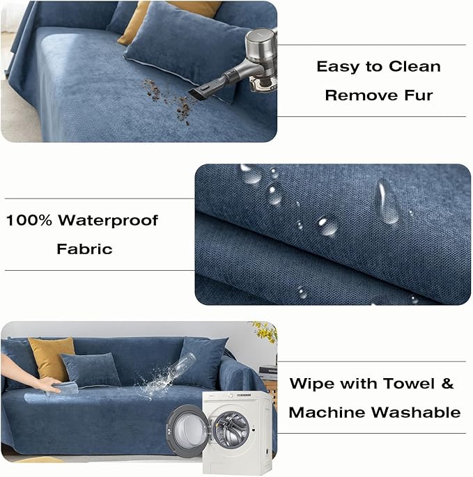 STACYPIK Waterproof Blue Couch Cover Non-Slip Sofa Cushion Cover for Pet Cat Dog Anti-Scratch Couch Cover Thick Washable Couch Protector for 3 Cushion Outdoor Leak Proof Couch Throw Slipcover-71X134IN
