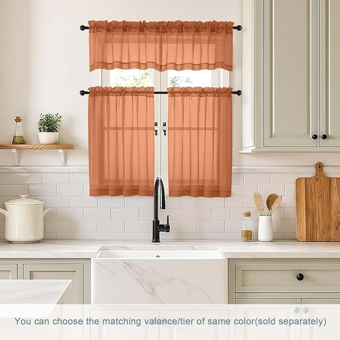 Orange Small Sheer Curtains 2 Panels Set, Kitchen Curtains 36 Inch Length - Image 2
