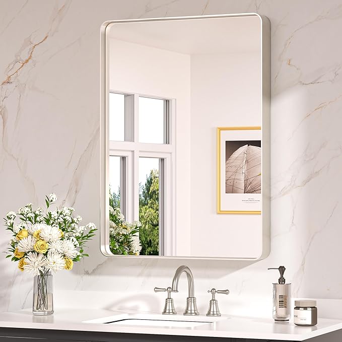 Keonjinn Brushed Nickel Mirror 24 x 32 Inch Silver Bathroom Mirror for Over Sink, Rounded Rectangle Farmhouse Vanity Mirror, HD Tempered Glass Wall Mirror, Aluminum Alloy Frame (Horizontal/Vertical)