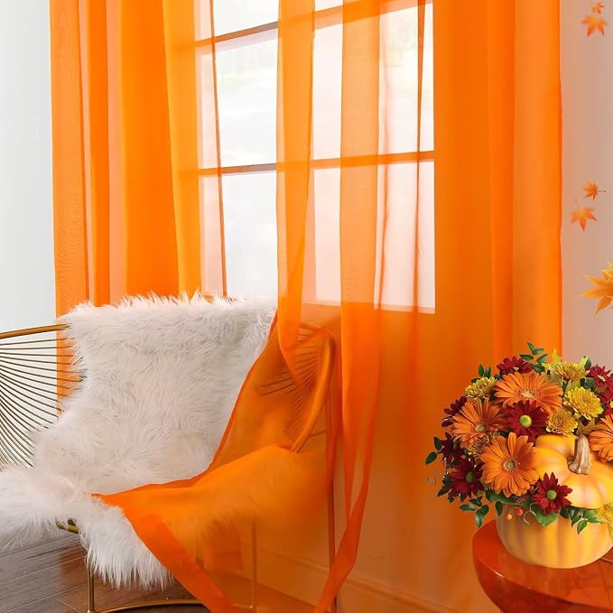 youleyar Solid Sheer Rod Pocket Curtain Voile Draperies 2 Panels Orange Beige - Image 2