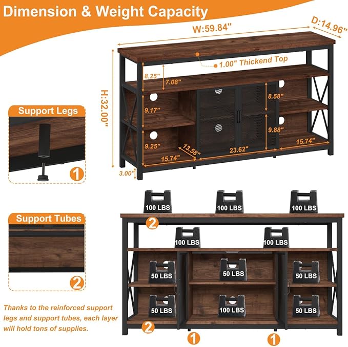 BON AUGURE Tall TV Stand for TVs up to 65 Inch, Industrial Wood Entertainment Center with Storage Cabinet, Farmhouse TV Media Console for Living Room and Bedroom (32 Inch High, Rustic Oak)