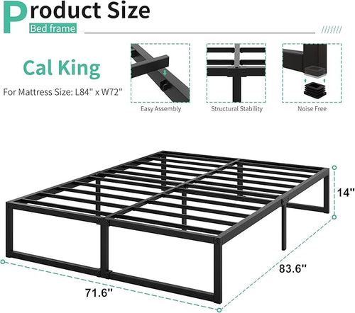 14 Inch California King Bed Frames No Box Spring Needed Heavy Duty Metal Cal King Platform for Mattress Foundation, Noise Free, Easy Assembly, Black