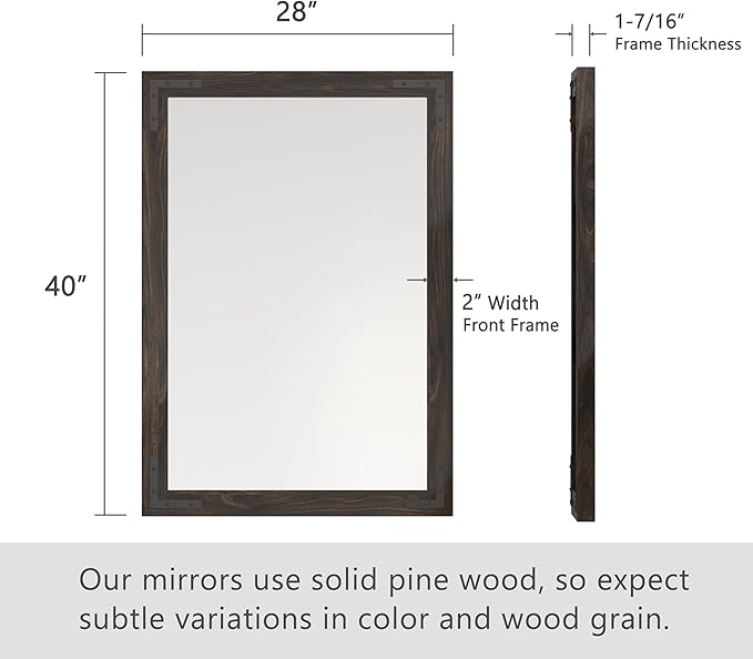 VocalStar Black Wood Framed Mirror 28 x 40 Inch, Rustic Natural Black Wooden Rectangle Bathroom Vanity Wall Mirror for Farmhouse Boho Decor, 1/4-inch Shatterproof Glass | Waterproof