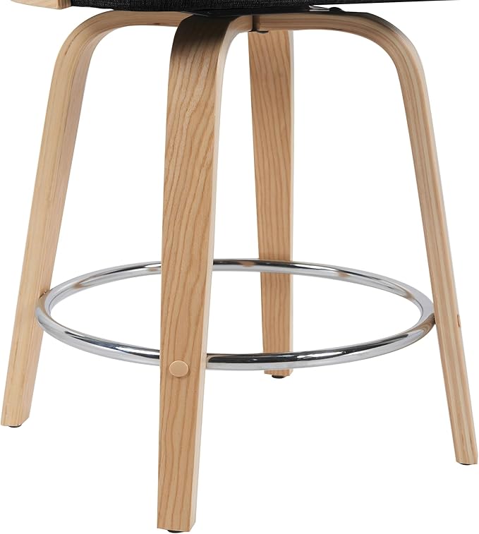 Sonia Modern Swivel Counter Height Bar Stool with Black Upholstered Seat and Patterned Oak Wood Finish Set of 3