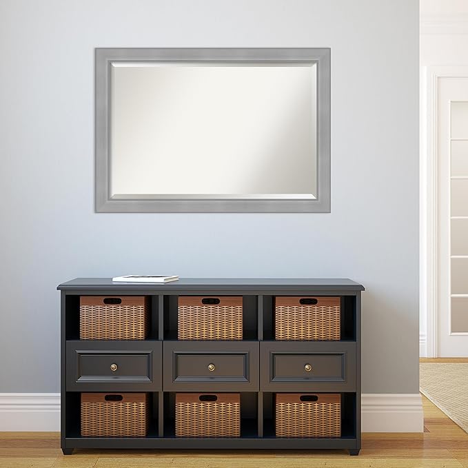 Amanti Art Silver Bathroom Mirror for Over Sink, 28x40 Vista Brushed Nickel Rectangle Vanity Mirror, Large Casual Frame, Hangs Horizonally and Vertically, Bathroom Wall Decor, Beveled Edge