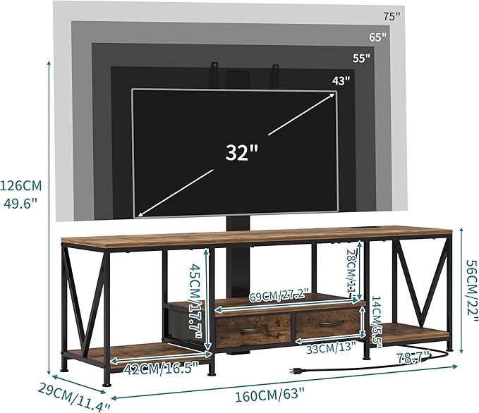 63" W TV Stand with Mount for 50,55,65,75" TV,Entertainment Center with Power Outlet and Led Lights,Height Adjustable TV Console Table with Shelves and Fabric Drawers (Rustic Brown)