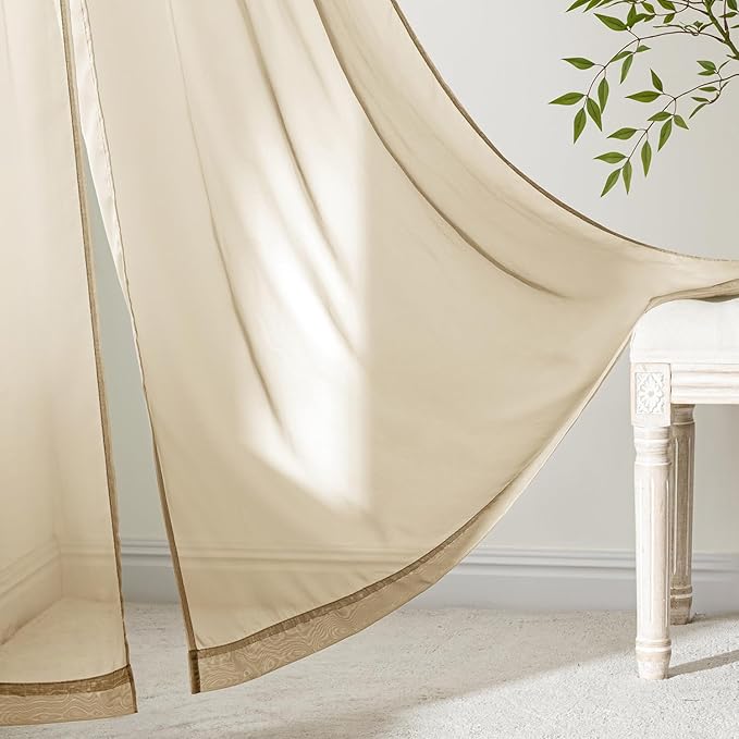 MIULEE Beige Sheer Curtains 96 Inches Long, 4 Panels Set, Rod Pocket Voile - Image 6
