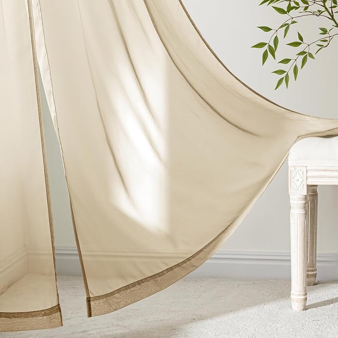 MIULEE Beige Sheer Curtains 90 Inches Long, 4 Panels Set, Rod Pocket Voile - Image 6
