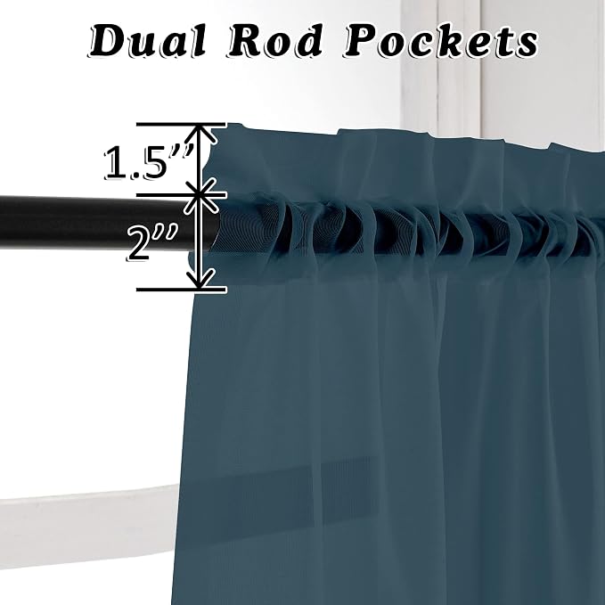OVZME Dusty Blue Sheer Curtains 36 inches Long, Short Kitchen Window Treatment - Image 2