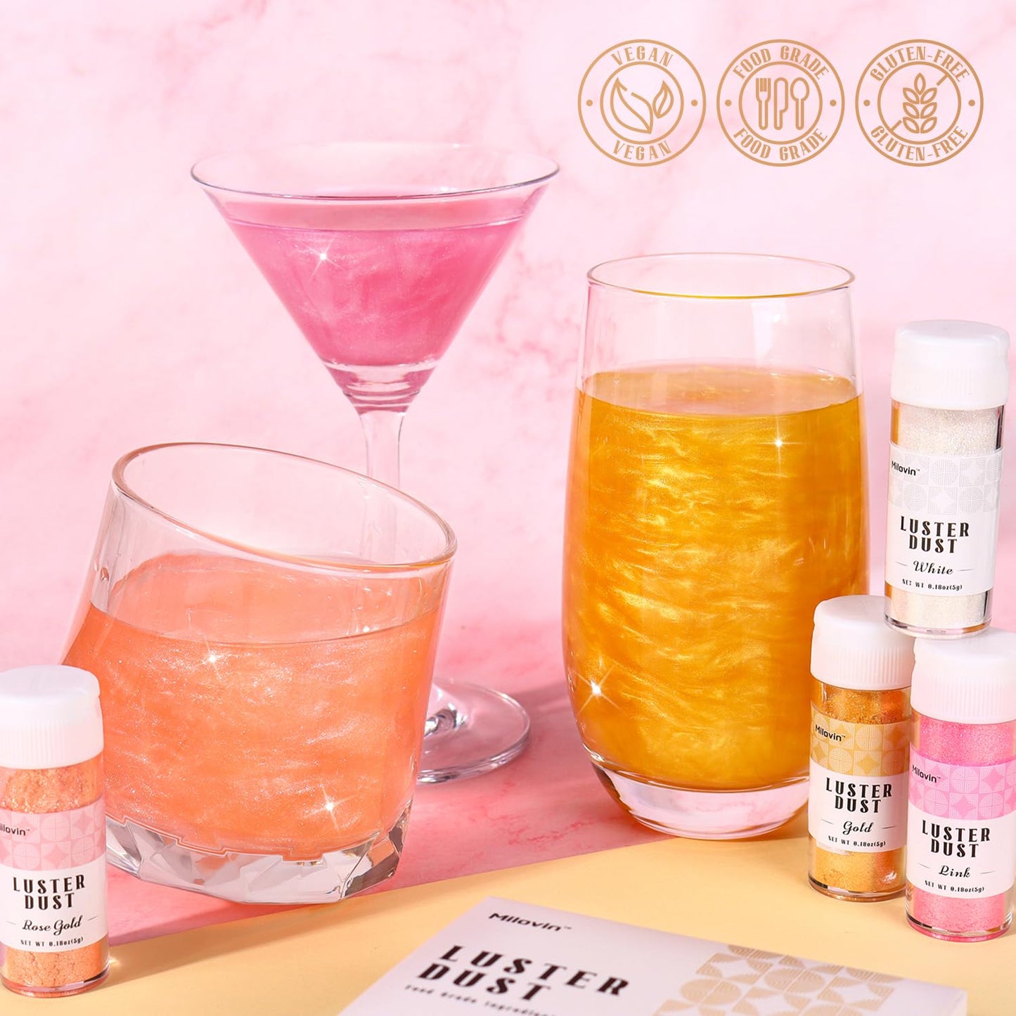 Edible Glitter, 4 Colors Luster Dust Edible, 5g/bottle Edible Glitter for Cocktails, Drinks, Cake Decoration, Cupcakes, Chocolate, Strawberries, and Waffles(Gold, Rose Gold, White, Pink)