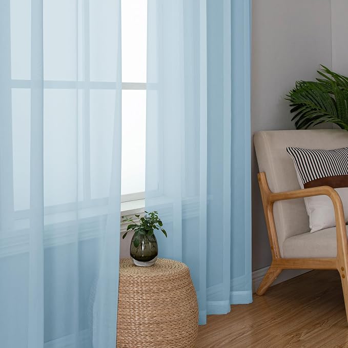 Lecloud Sky Blue Sheer Curtains 96 Inches Long 2 Panels, Light Filtering Voile - Image 2