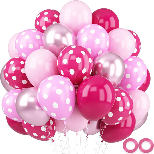 Pink Balloons, 52 PCS Metallic Pink Balloon with Hot Pink and White Dots Confetti Birthday Balloons for Girls Princess, Baby Shower Women Bride Wedding Party Decorations