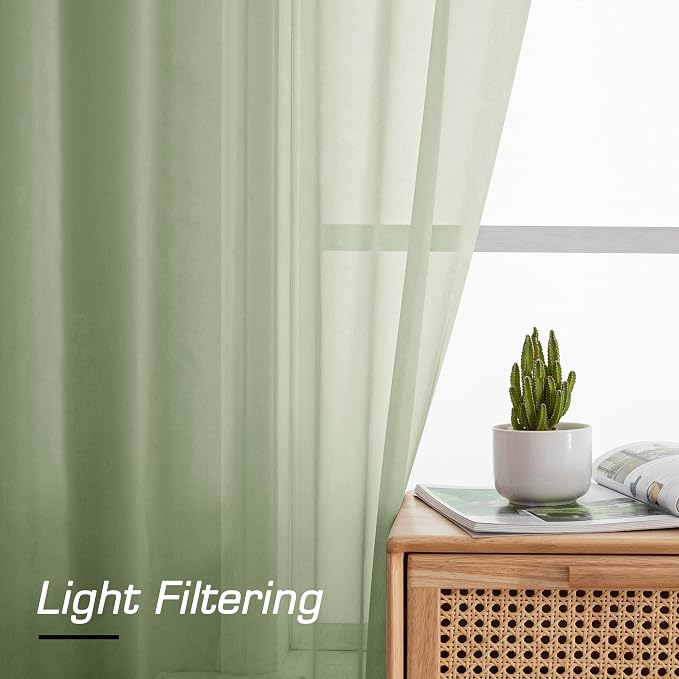 Simplebrand Light Green Sheer Curtains 63 Inch Length 2 Panels, Rod Pocket - Image 6