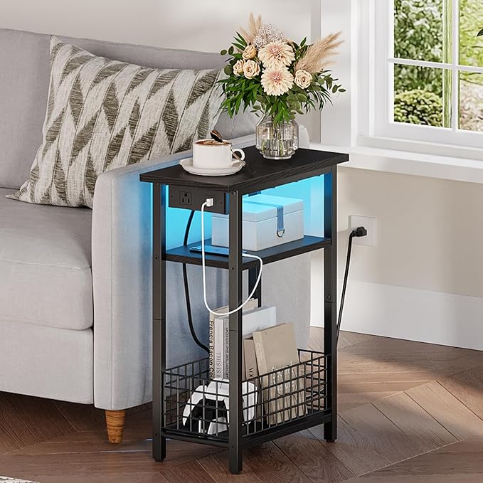HOOBRO Narrow Side Table with Charging Station and LED Light, Small End Table with Storage, Skinny Nightstand with USB Port, Slim Bedside Table for Small Spaces, Living Room, Black BB242UDBZ01
