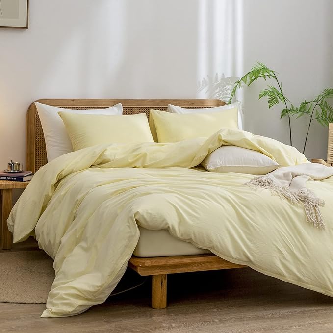 BESTOUCH Duvet Cover Set 100% Washed Cotton Linen Feel Super Soft Comfortable Chic Lightweight 3 PCs Home Bedding Set Solid Light Yellow Cal King
