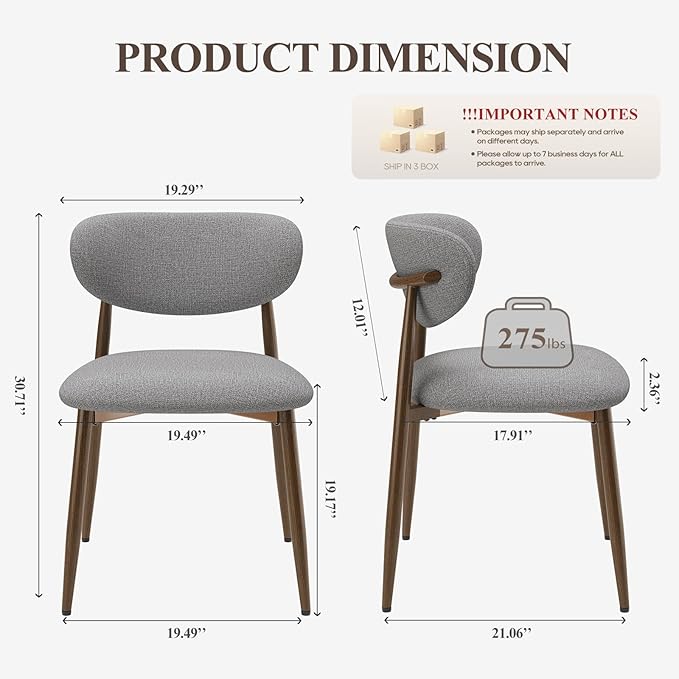 Dining Chairs Set of 6, Ergonomic Fabric Upholstered Seating with Wood Look Metal Legs and Anti Slip Pads, for Home and Restaurant Use, Light Grey
