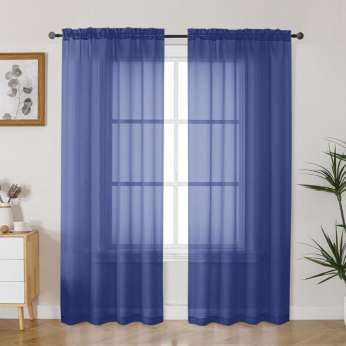 Gwine Royal Blue Sheer Curtains 84 Inches Long 2 Panels Set by Gwine