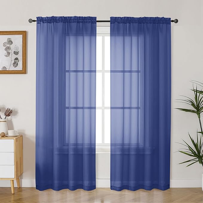 Gwine Royal Blue Sheer Curtains 90 Inches Long 2 Panels Set, Light Filtering by Gwine