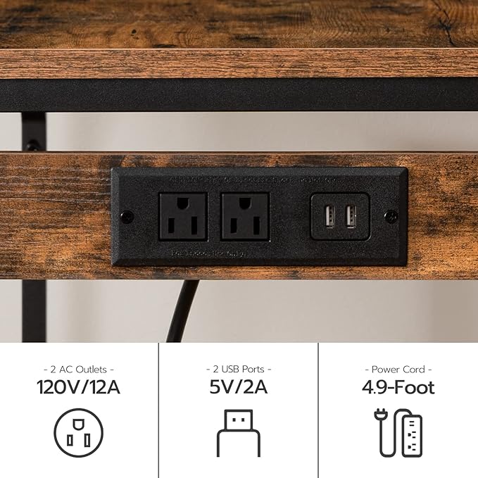 HOOBRO Bar Table and Chairs Set, 47.2" Dining Table Set with Power Outlet, 3-Piece Pub Table Set, Kitchen Bar Height Table with Stools of 2, Space Saving for Living Room, Rustic Brown BF46UBT01