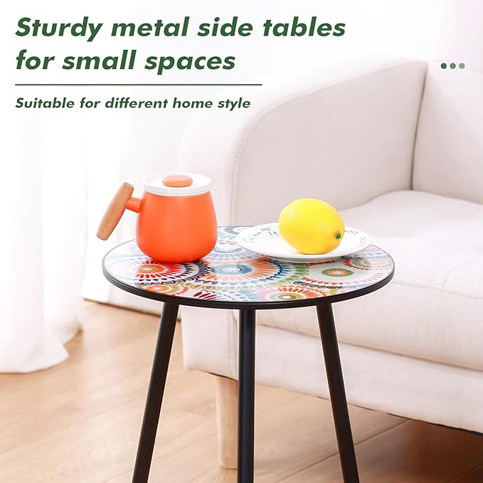 1 Pack Metal Mosaic Round Side Table 13.4" Small End Corner Tables for Patio Round Accent Garden Table for Small Spaces for Garden, Balcony, Plant Stand Indoor Outdoor